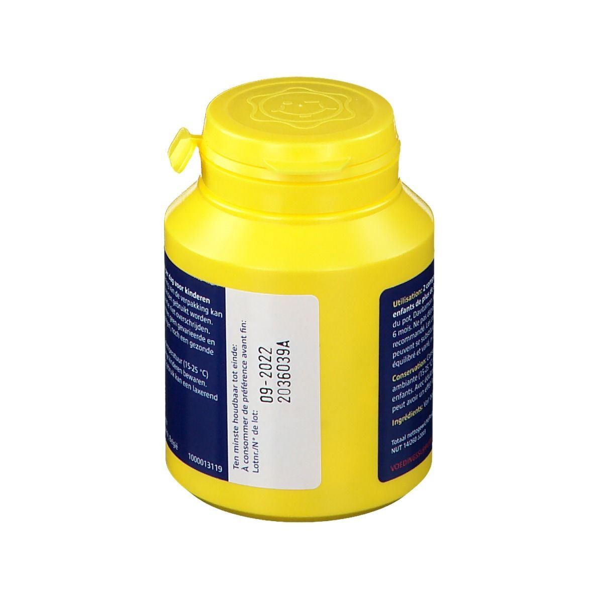 Achterkant gele fles Davitamon Junior (3+). Blauw etiket met vervaldatum en lotnummer.