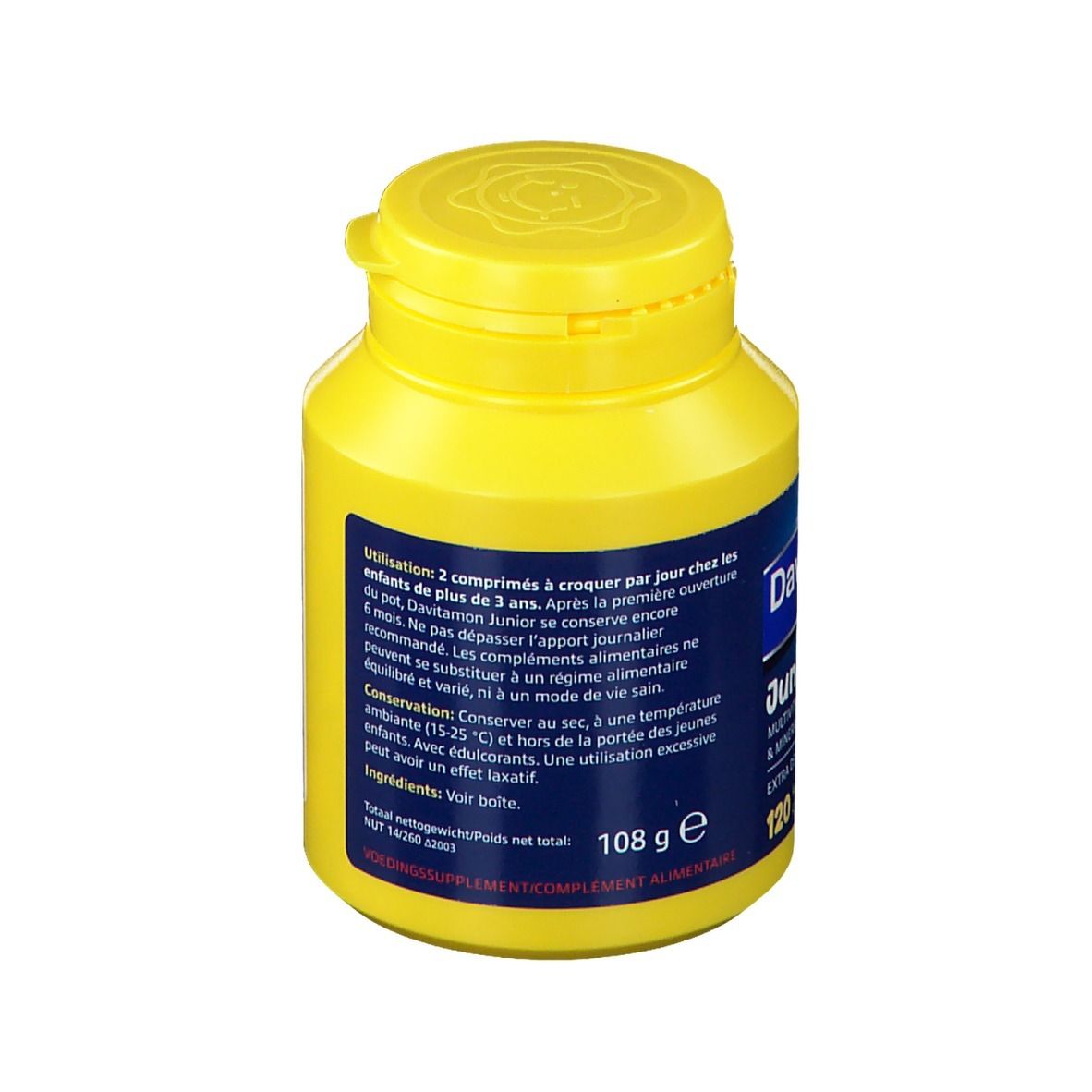 Achterkant gele fles Davitamon Junior (3+). Blauw etiket met productinfo en ingrediënten.
