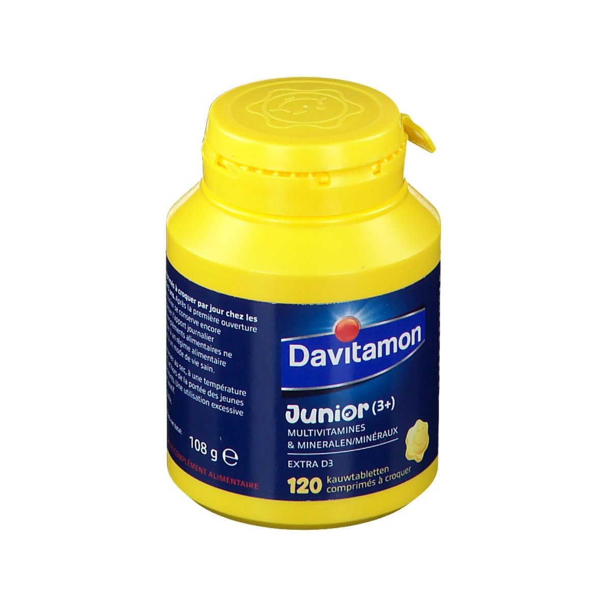 Gele fles Davitamon Junior (3+) Multivitaminen. 120 kauwtabletten. Blauw etiket met productinfo.