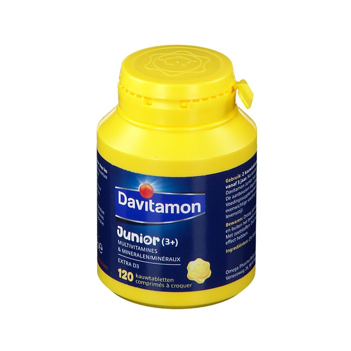 Gele fles Davitamon Junior (3+) Multivitaminen. 120 kauwtabletten. Blauw etiket met productinfo.