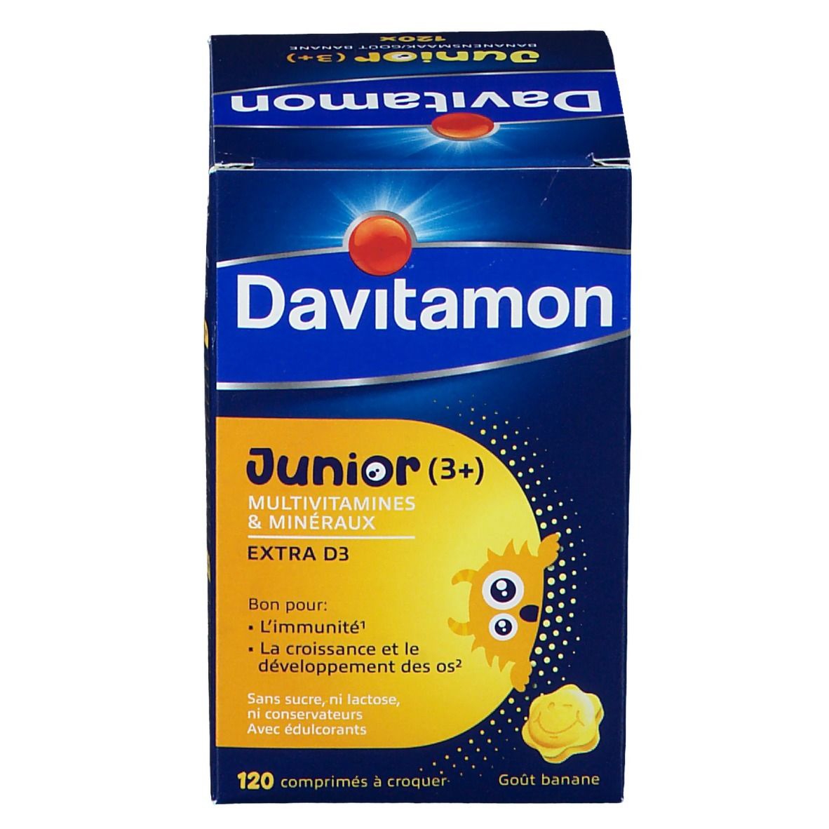 Davitamon Junior (3+) Multivitaminen in doos. 120 kauwtabletten. Blauwe verpakking met productinfo.