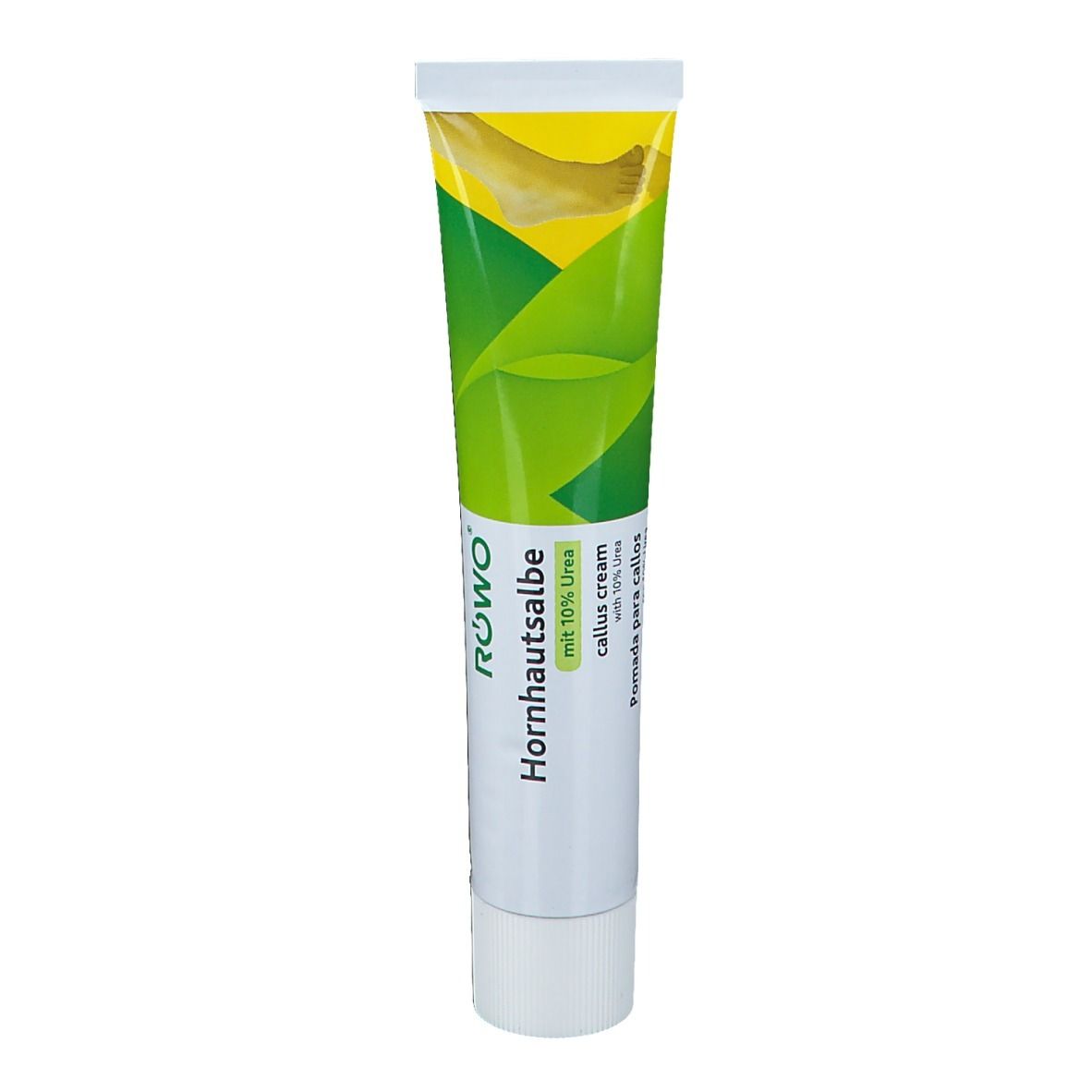 Tube de RÖWO Hornhautsalbe. Design vert et blanc avec nom du produit et illustration de pied. Contient 10% d'urée.