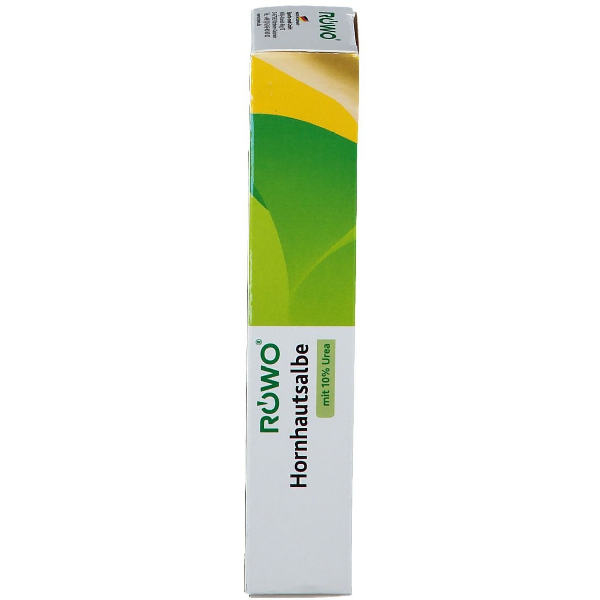 Emballage de RÖWO Hornhautsalbe. Vue latérale avec nom du produit et indication du contenu en plusieurs langues.