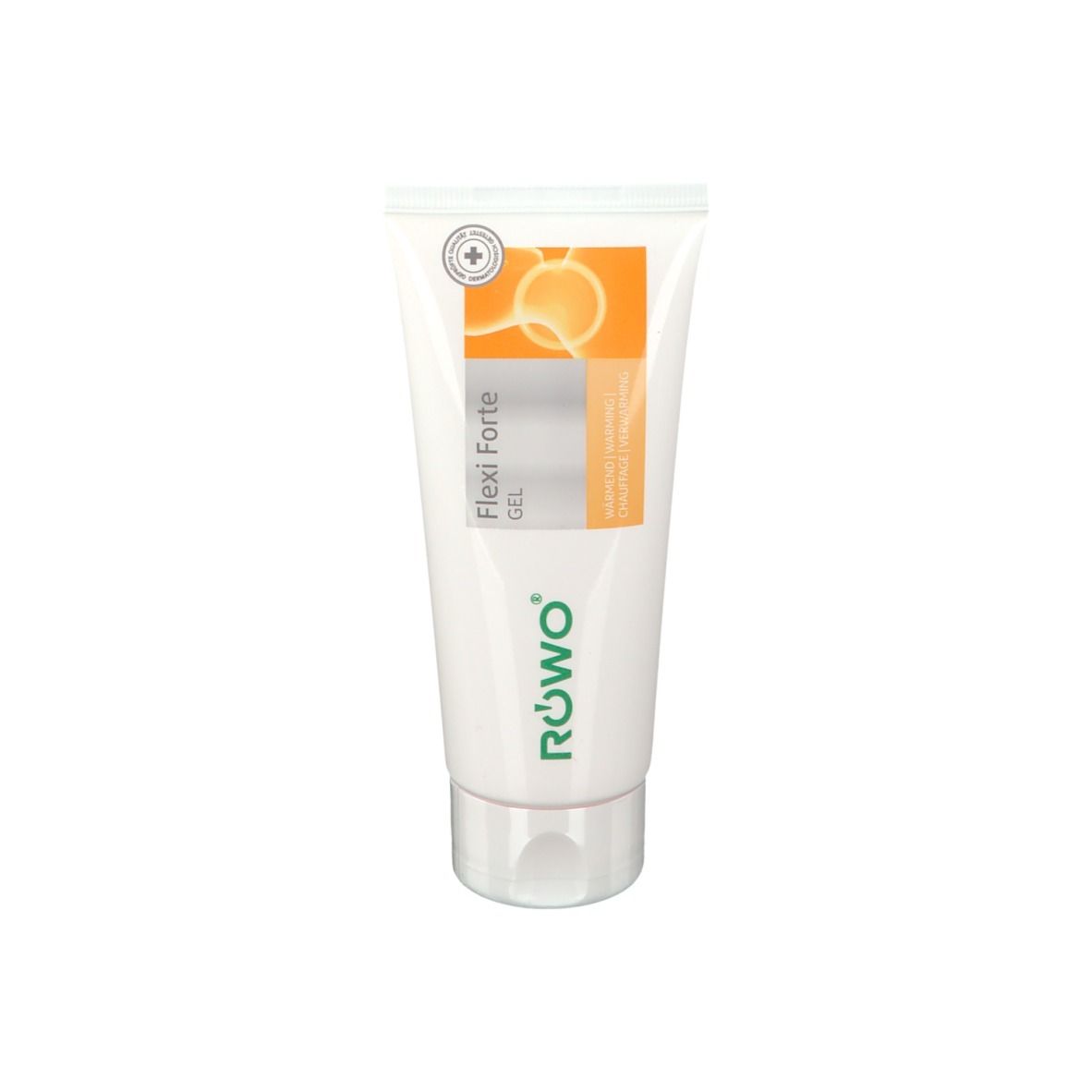 Tube blanche avec logo vert et nom du produit Flexi Forte Gel. Bande orange avec illustration. Logo du fabricant.