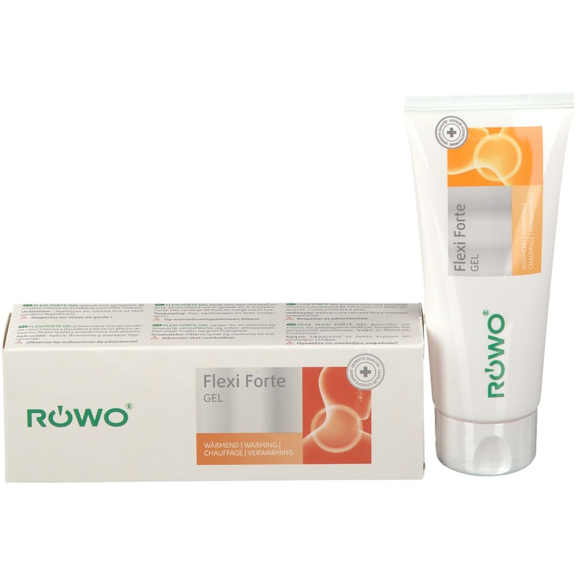 Emballage du produit et tube. Boîte blanche avec nom du produit Flexi Forte Gel. Tube avec logo et nom du produit.