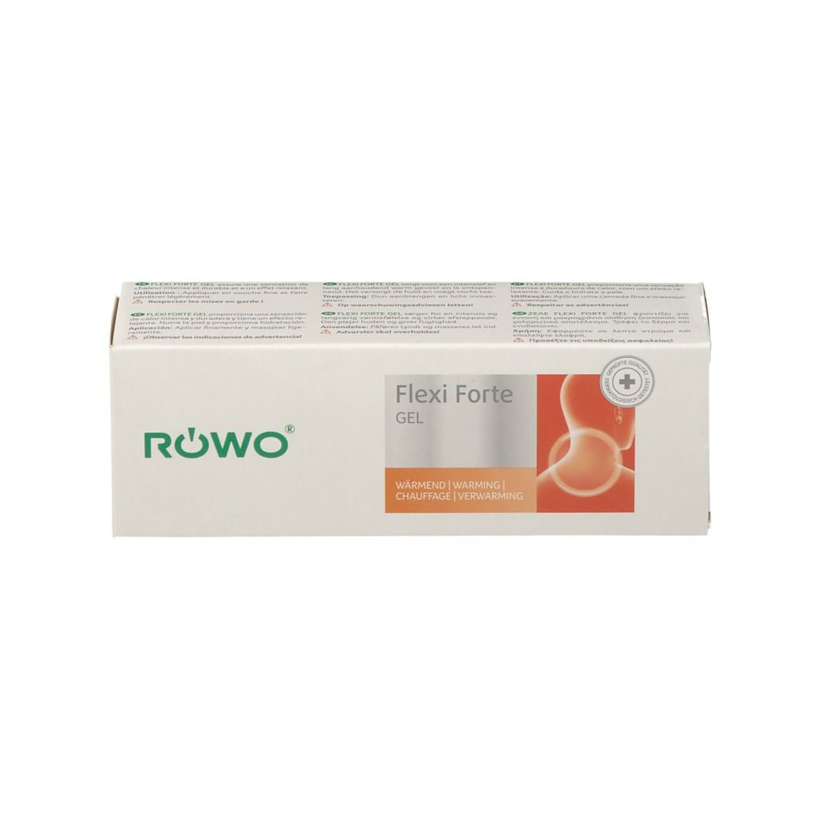 Emballage blanc du produit avec logo vert et nom du produit Flexi Forte Gel. Illustration orange.