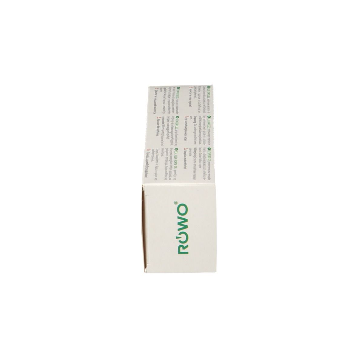 Vue latérale de l'emballage blanc du produit avec logo vert. Texte multilingue.