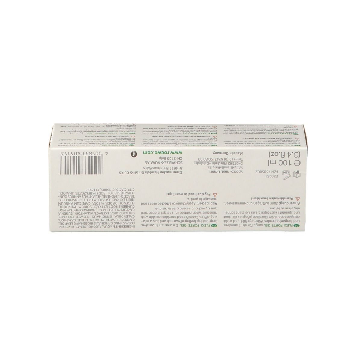 Dos de l'emballage blanc du produit avec texte multilingue. Informations et logos du fabricant.