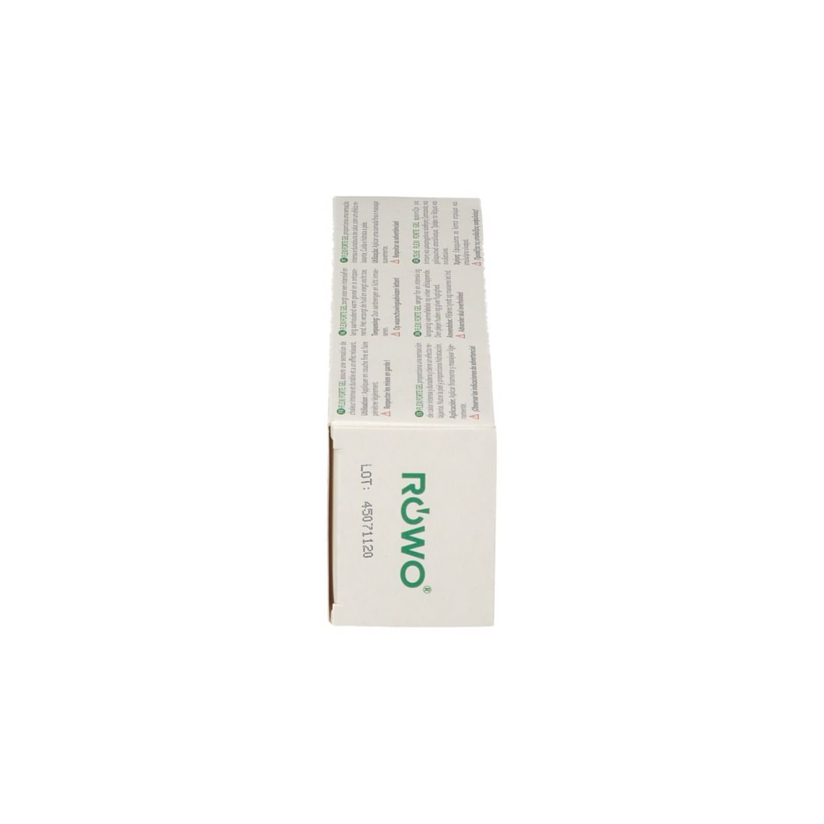 Vue latérale de l'emballage blanc du produit avec logo vert. Texte et numéro de lot.