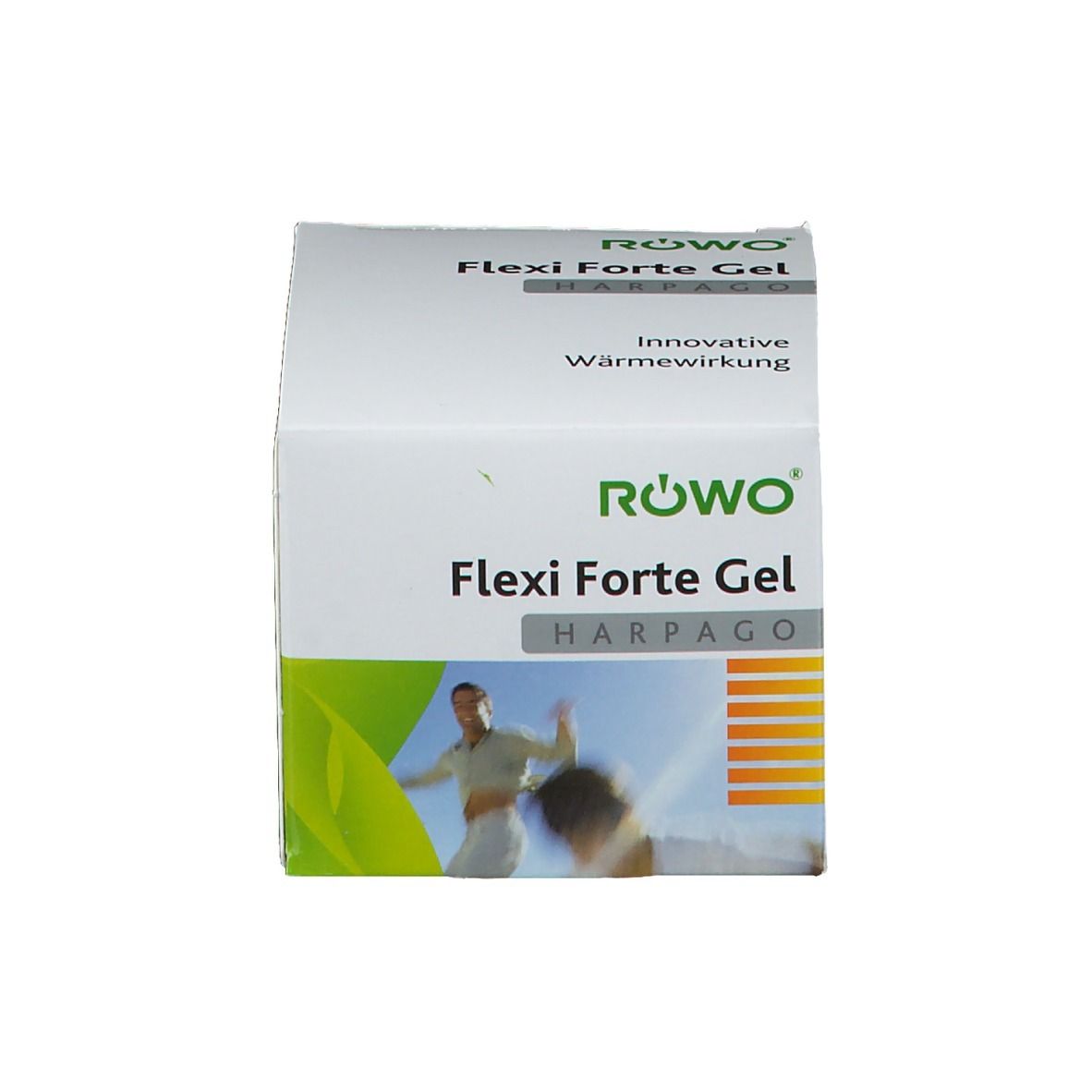 Emballage du produit avec logo et nom du produit Flexi Forte Gel. Illustration de personnes.