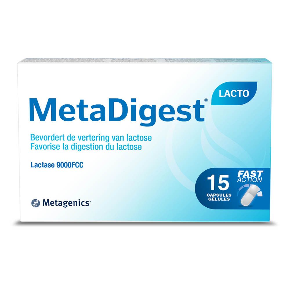 Boîte MetaDigest Lacto. Bleu et blanc, nom du produit et informations. Contient 15 gélules.