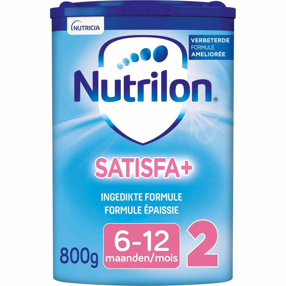 Boîte bleue et blanche "Nutrilon Satisfa+", "6-12" et "2". 800g. Lait de suite épaissi.