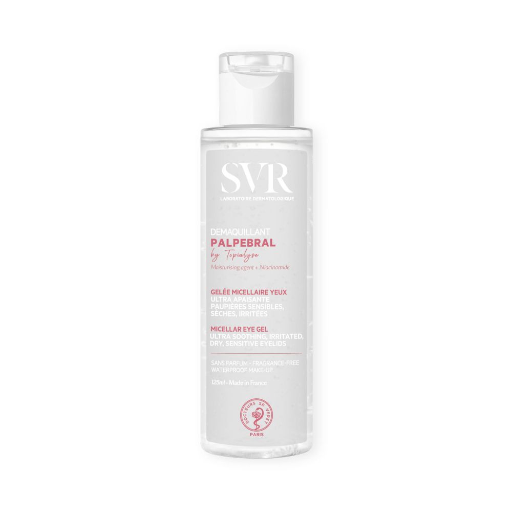 SVR Palpebral oogmake-up remover. Vooraanzicht van de fles. Productlabels zichtbaar.