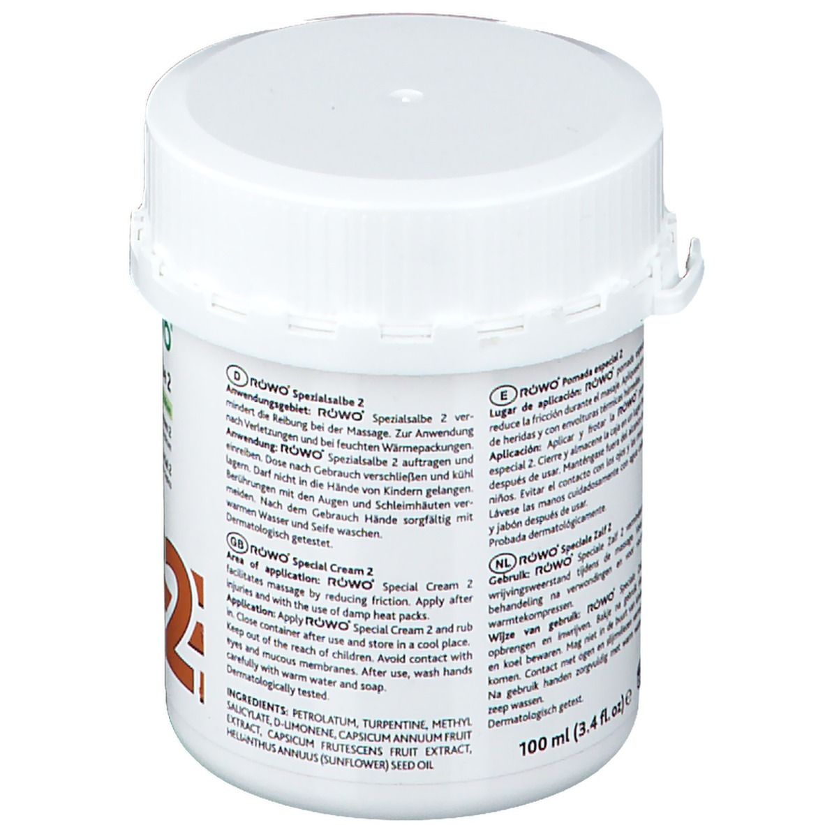 Weißer Tiegel mit RÖWO Spezialsalbe 2. Aufschrift in mehreren Sprachen. 100 ml.