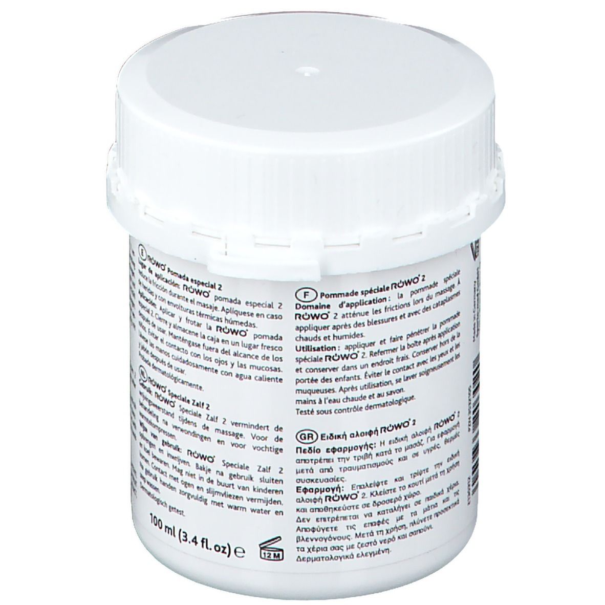 Weißer Tiegel mit RÖWO Spezialsalbe 2. Mehrsprachige Beschriftung. 100 ml.