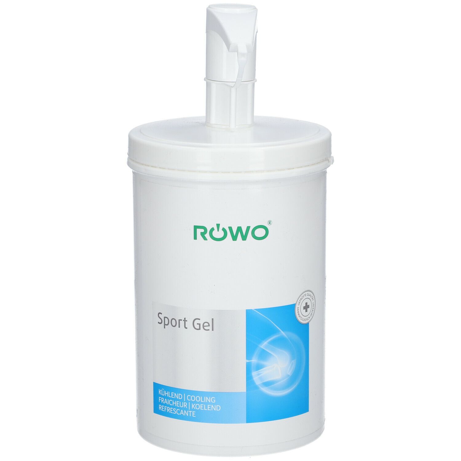 Weißer Behälter mit grünem Logo und blauem Etikett. Aufschrift: Sport Gel. Mit Dosierpumpe.