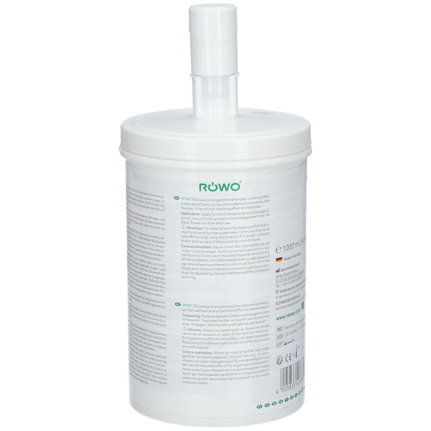 Weißer Behälter mit Dosierpumpe. Rückseite mit Text und Logo. 1000 ml. Hergestellt in Deutschland.