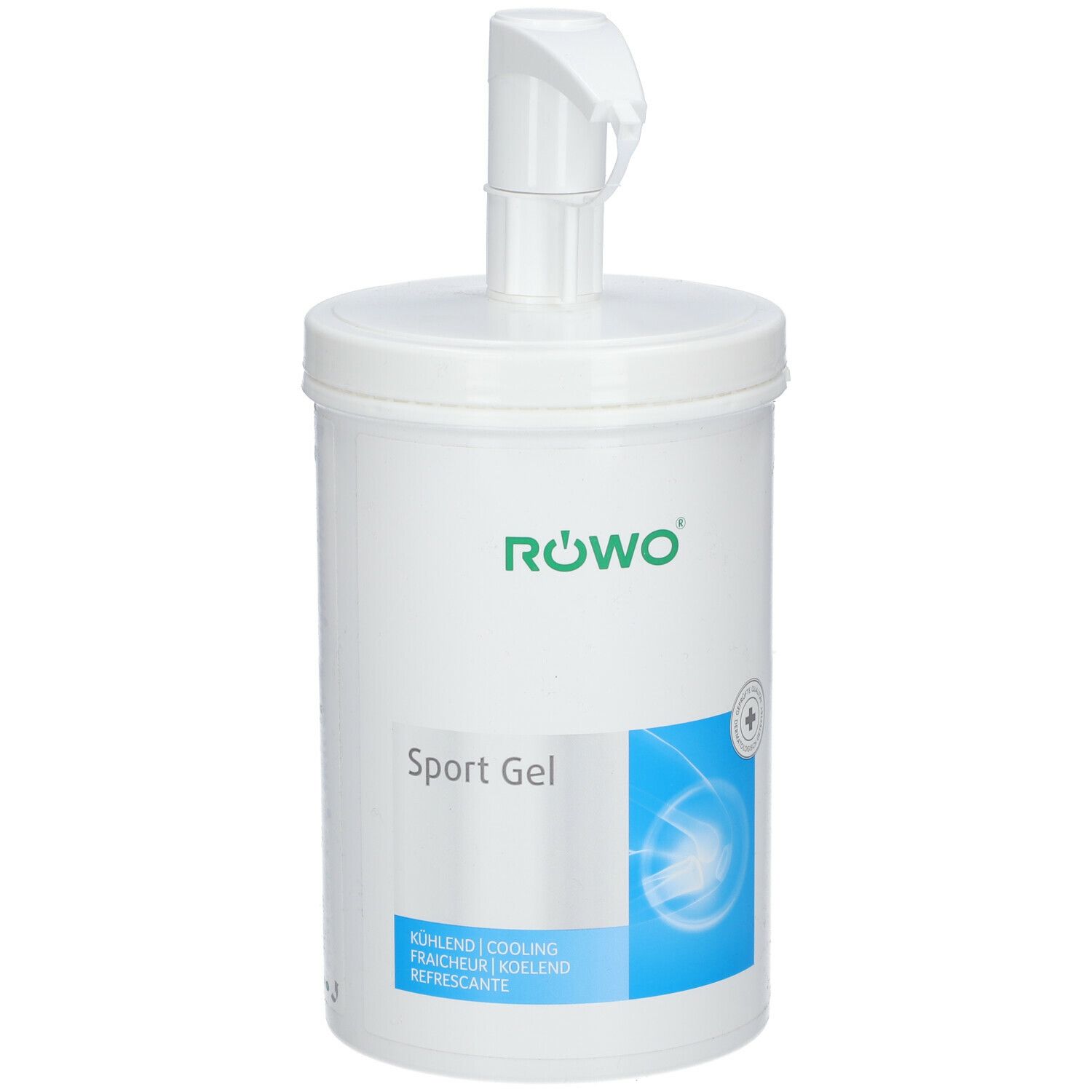 Weißer Behälter mit grünem Logo und blauem Etikett. Aufschrift: Sport Gel. Mit Dosierpumpe.