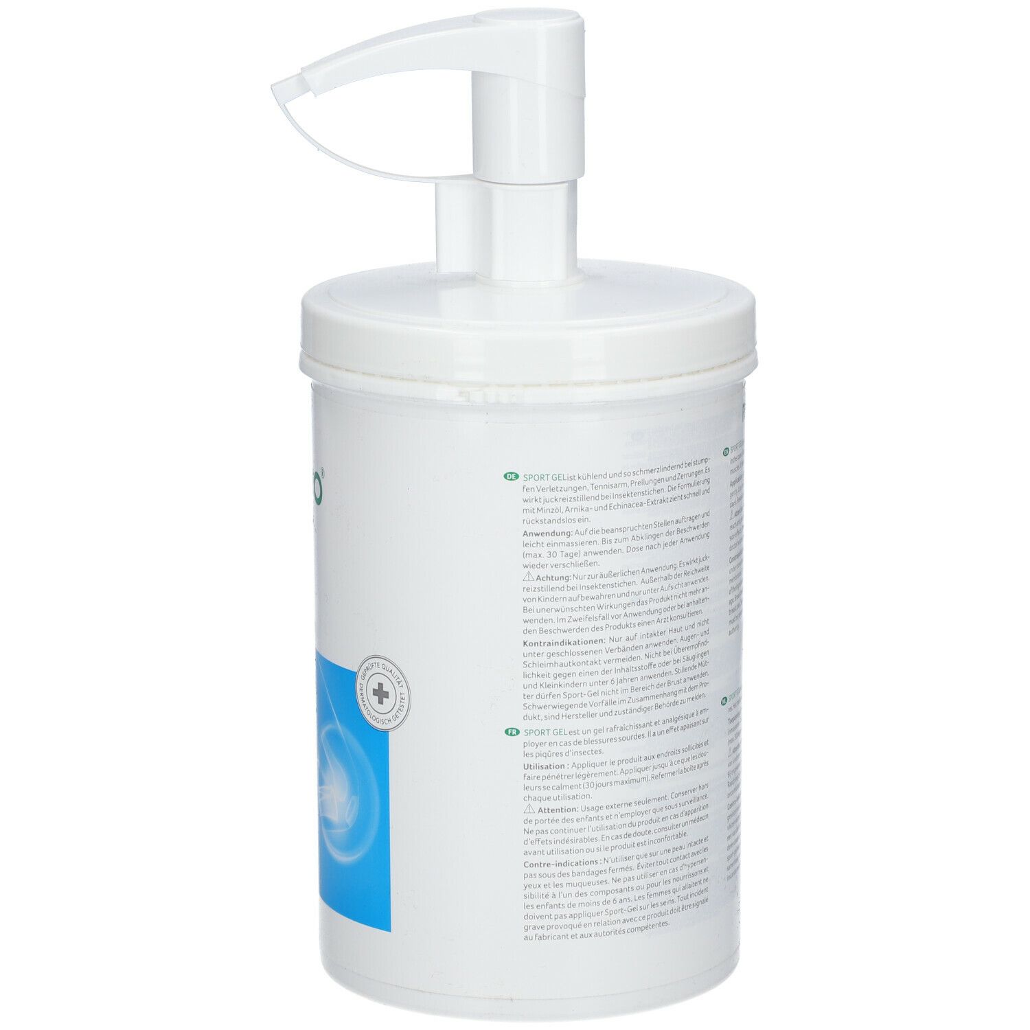 Weißer Behälter mit Dosierpumpe. Rückseite mit Text und Logo. 1000 ml. Made in Germany.
