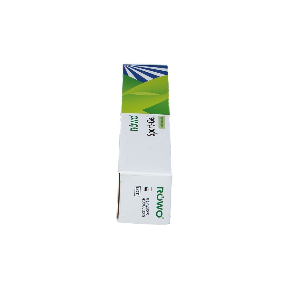Karton mit grünem Logo und Aufschrift Sport-Gel. Grün-blaues Design. Mit Lot- und Verfallsdatum.