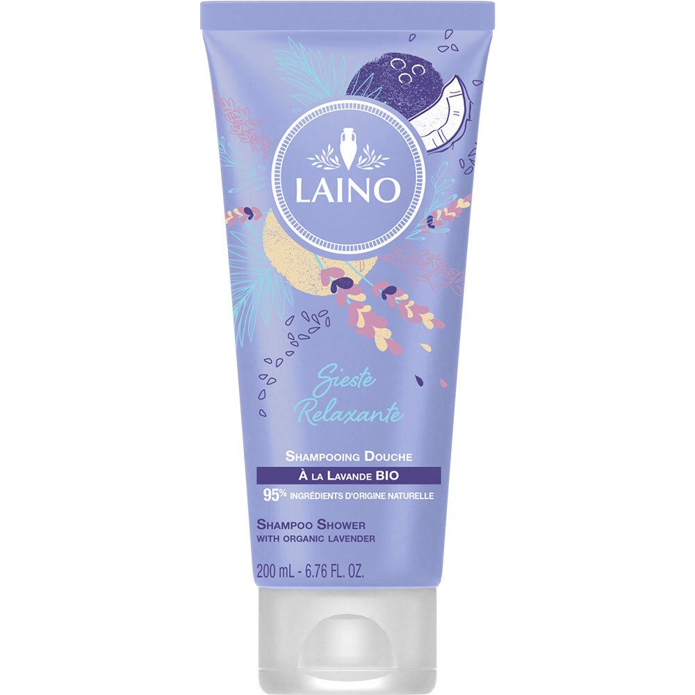 Laino doucheshampoo tube, lila. Met lavendel illustratie en tekst. 95% ingrediënten van natuurlijke oorsprong.