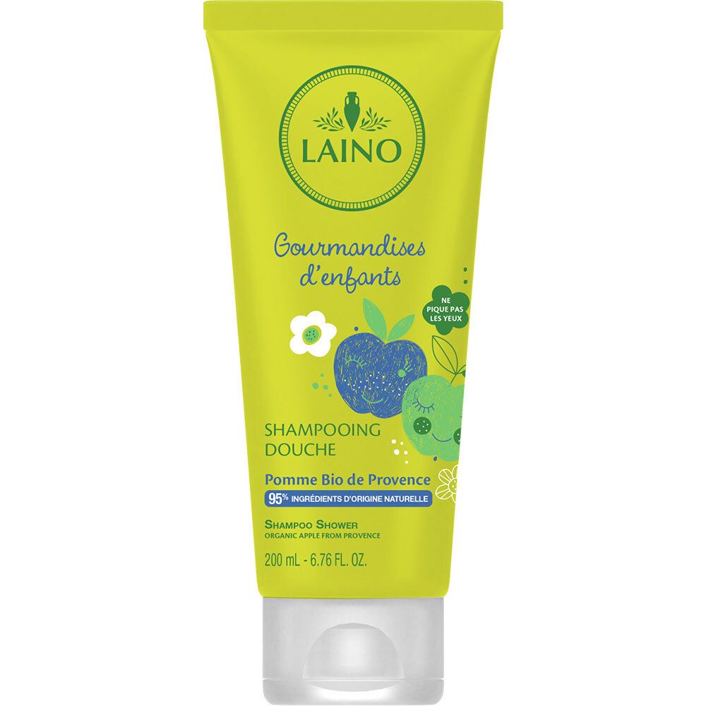 Groene tube met LAINO-logo en "Gourmandises d'enfants". Bevat afbeeldingen van appels. Tekst: "Shampooing Douche" en "Pomme Bio de Provence".