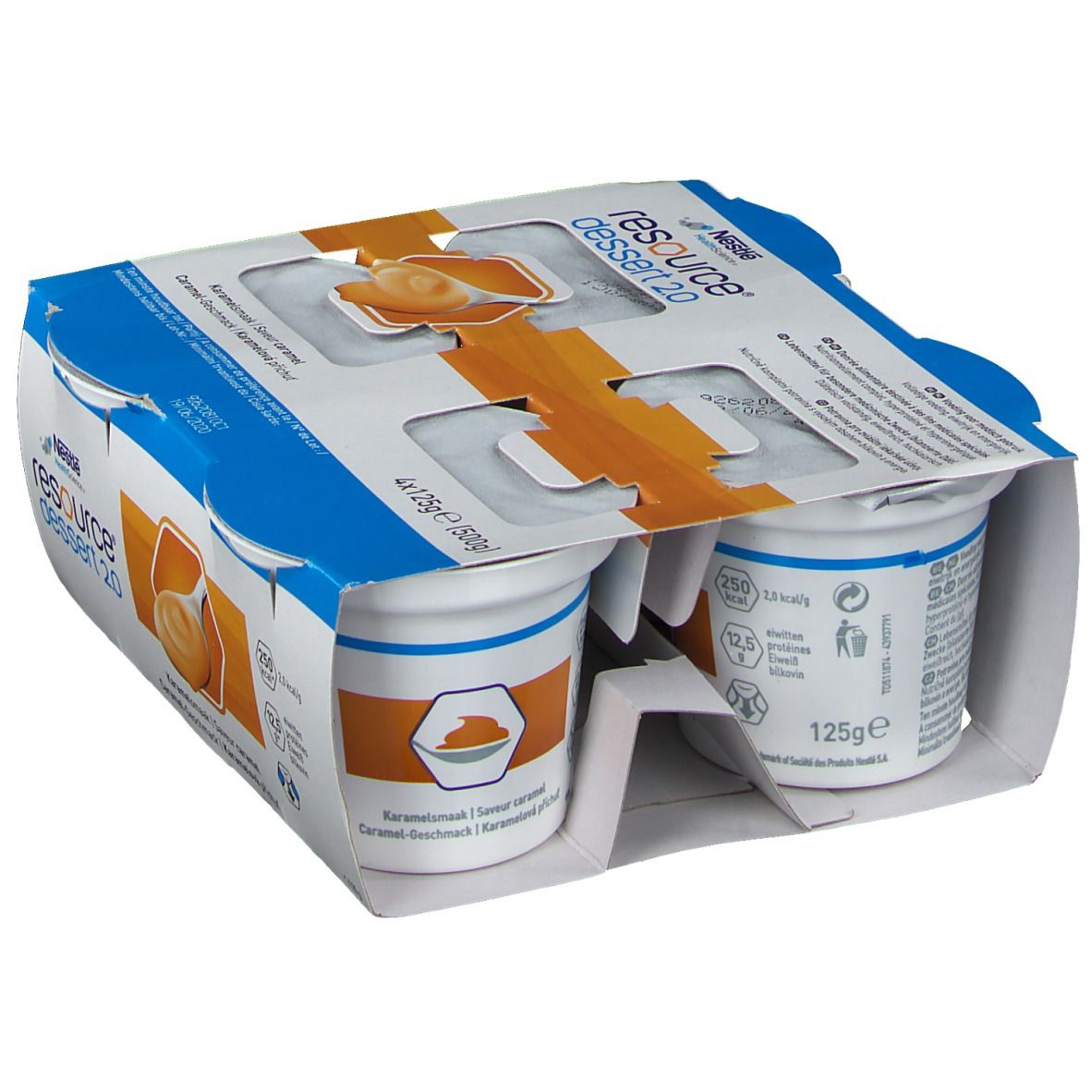 Emballage de 6 pots de Resource Dessert 2.0 Caramel. Vue partielle de l'emballage. Pots individuels avec couvercles. Logo et informations nutritionnelles visibles.