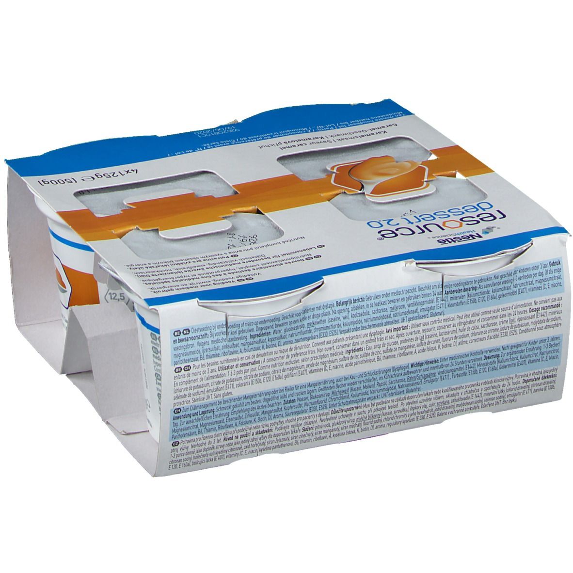 Emballage de 4 pots de Resource Dessert 2.0 Caramel. Vue arrière de l'emballage avec informations produit. Pots individuels avec couvercles. Texte multilingue.