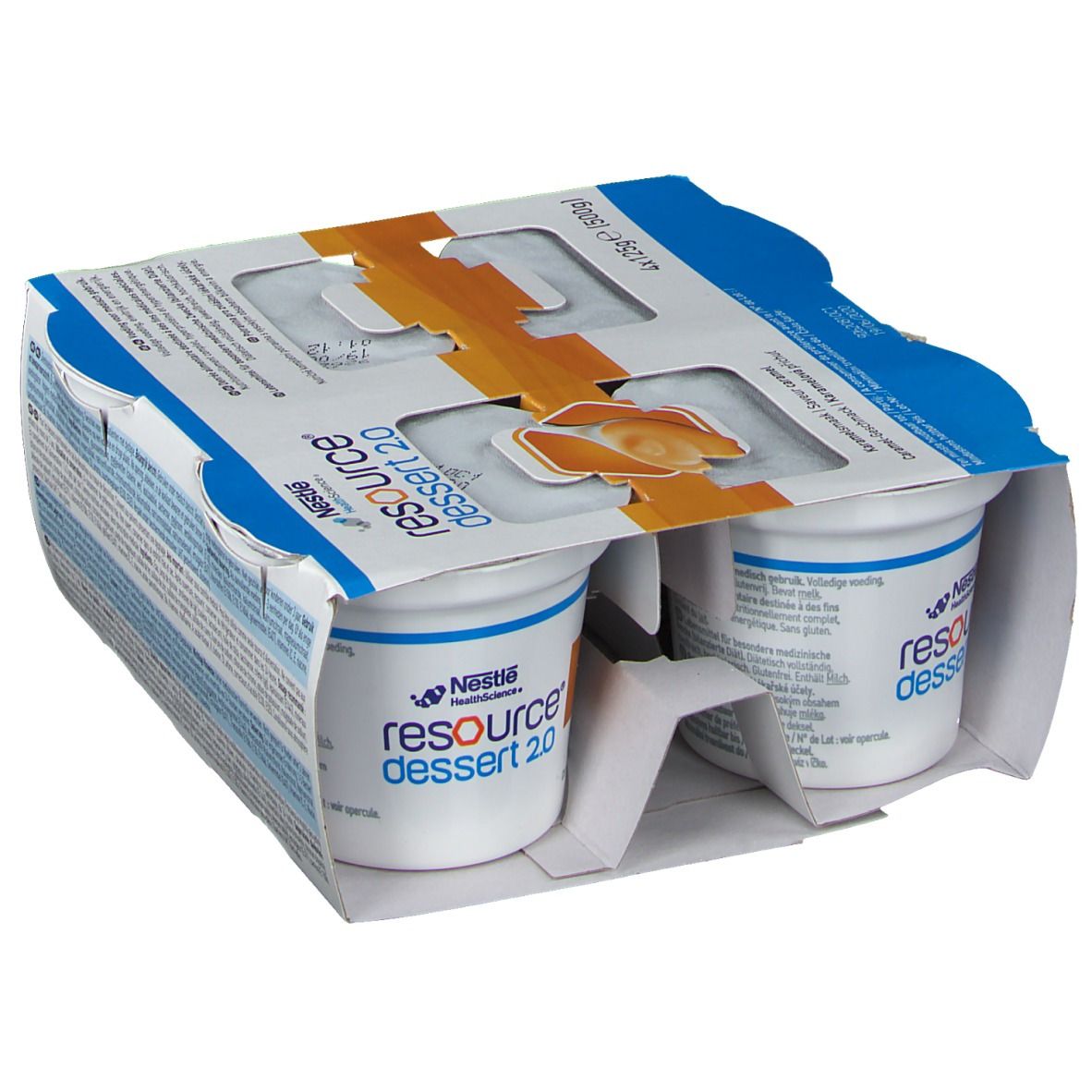 Emballage de 4 pots de Resource Dessert 2.0 Caramel. Vue partielle de l'emballage. Pots individuels avec couvercles. Logo et informations nutritionnelles visibles.