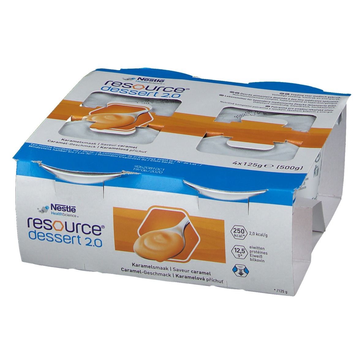 Emballage de 4 pots de Resource Dessert 2.0 Caramel. Emballage bleu et blanc avec logo et informations nutritionnelles. Pots individuels avec couvercles.