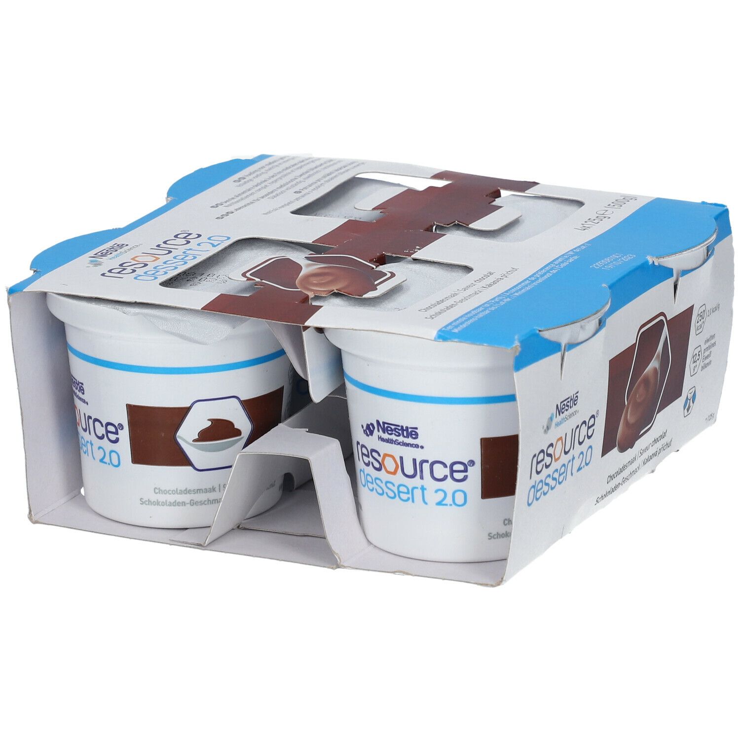 Emballage de quatre pots de Resource Dessert 2.0 Chocolat. Deux pots visibles, dans un emballage bleu et blanc.
