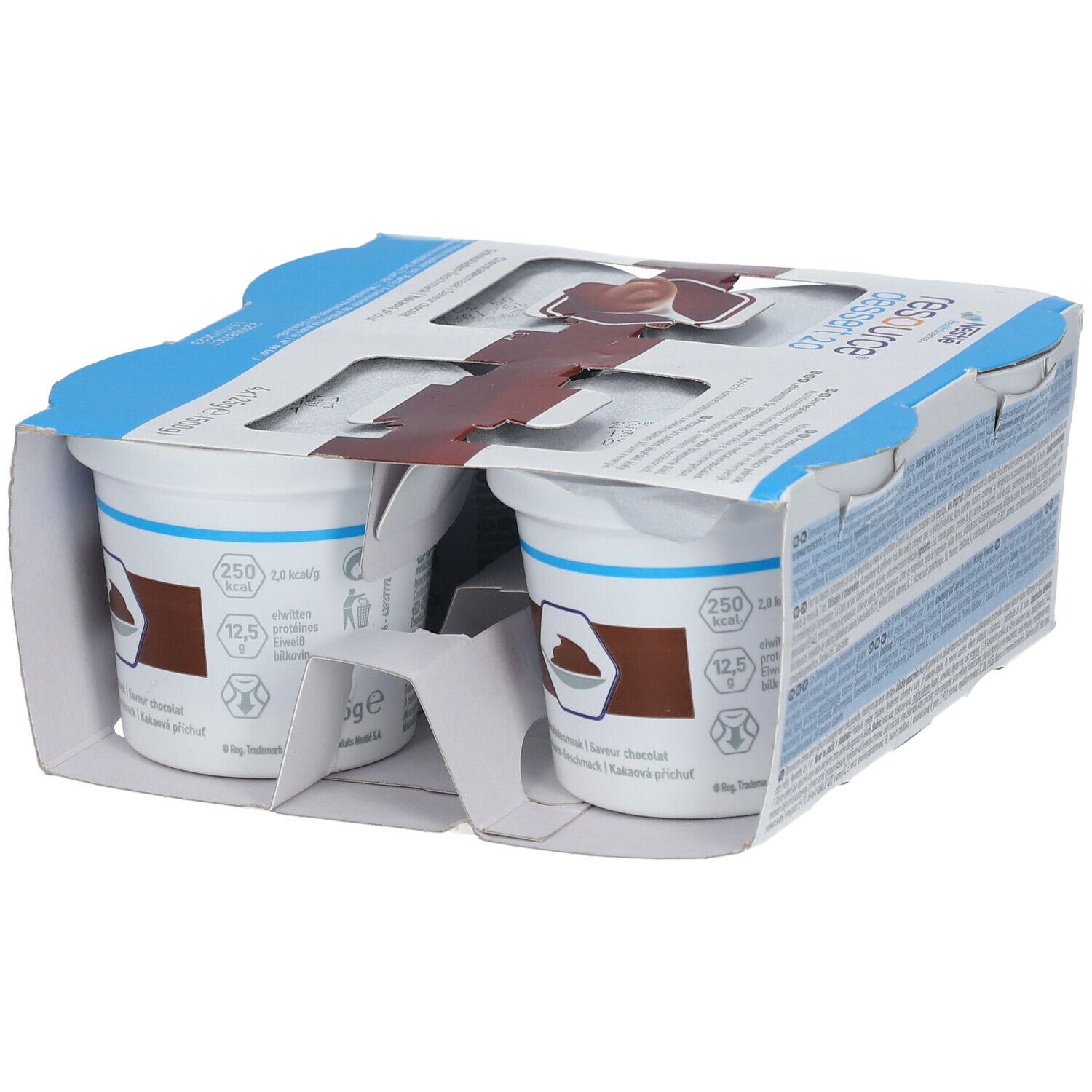 Emballage de quatre pots de Resource Dessert 2.0 Chocolat. Deux pots visibles, dans un emballage bleu et blanc.