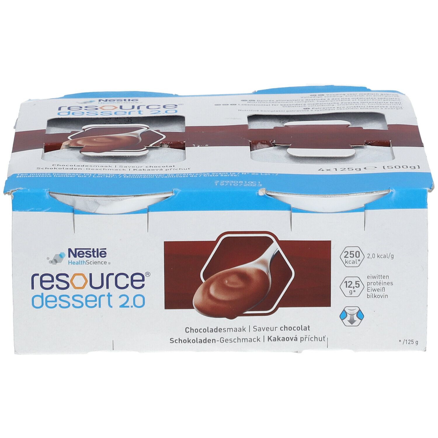 Emballage de quatre pots de Resource Dessert 2.0 Chocolat. Emballage bleu et blanc avec logo et informations nutritionnelles.