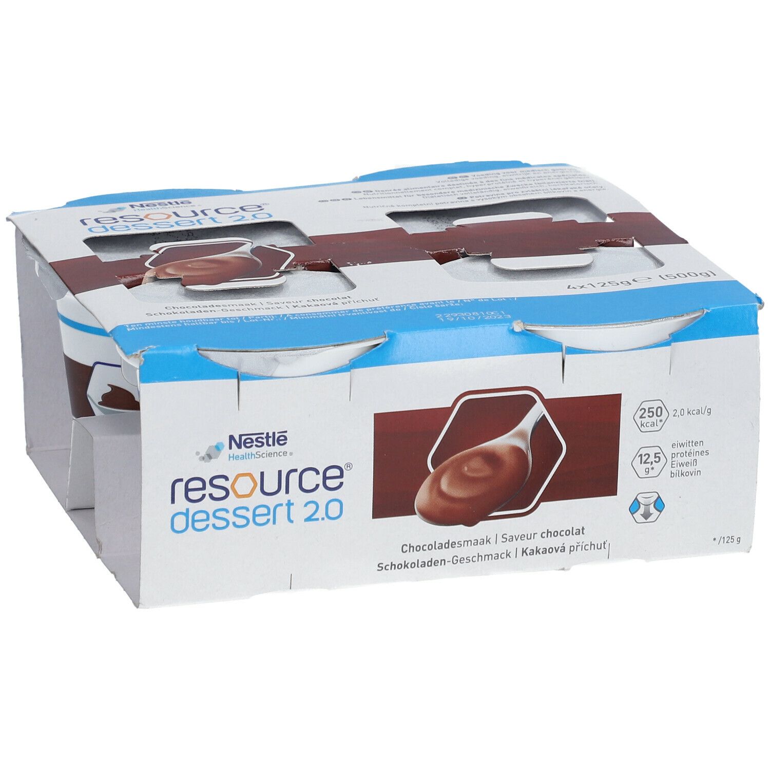 Emballage de quatre pots de Resource Dessert 2.0 Chocolat. Emballage bleu et blanc avec logo et informations nutritionnelles.
