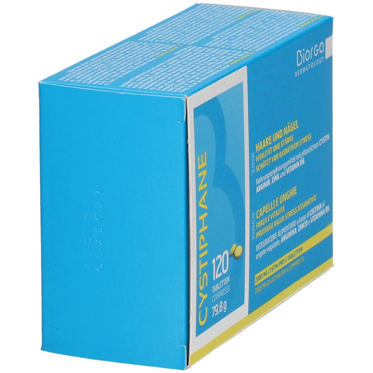 Blauwe doos met gele tabletten. Opschrift: Cystiphane, 120 tabletten, 79,8 g. Merk: Biorga. Tekst: Haren en nagels, zink.