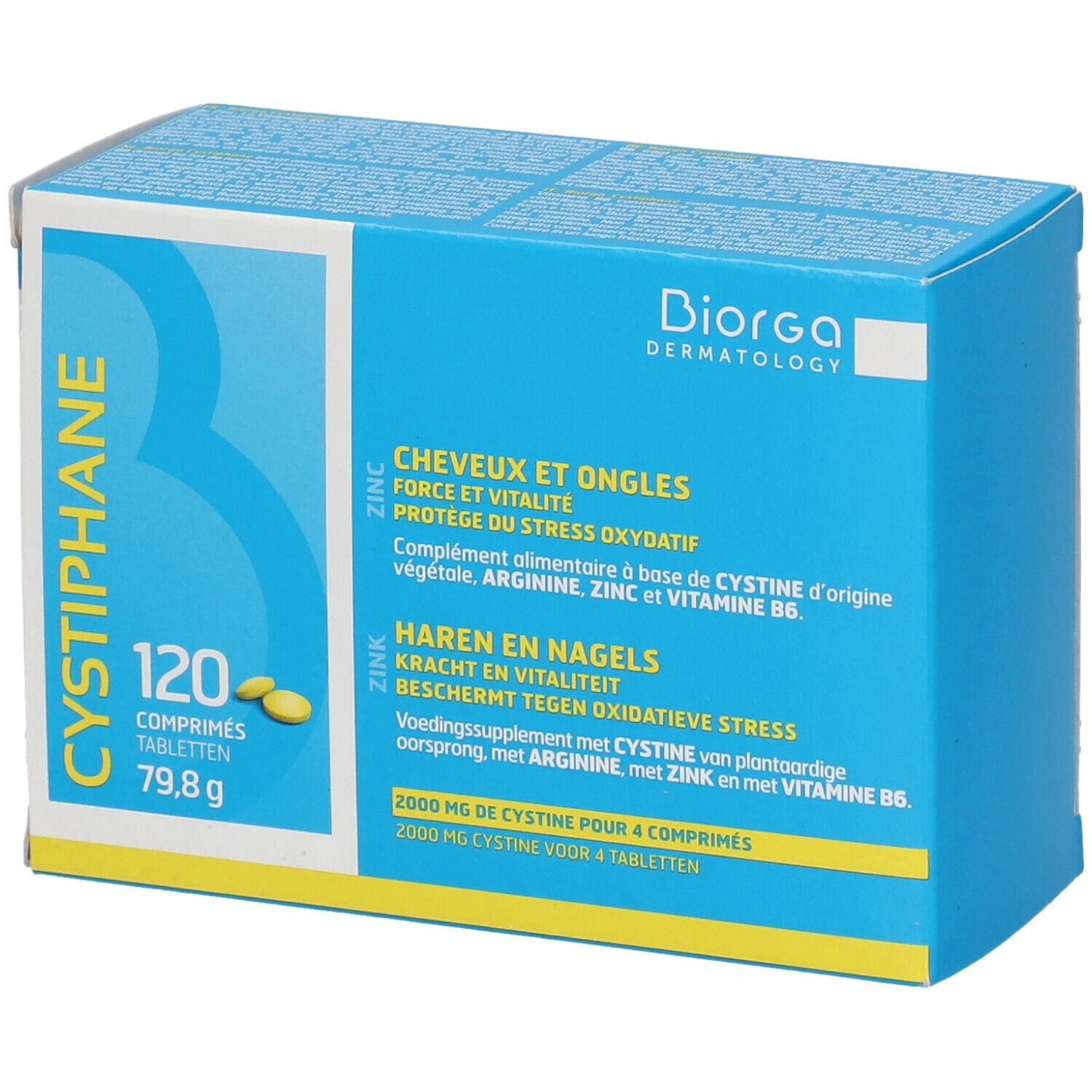 Blauwe doos met gele tabletten. Opschrift: Cystiphane, 120 tabletten, 79,8 g. Merk: Biorga. Tekst: Haren en nagels, zink.