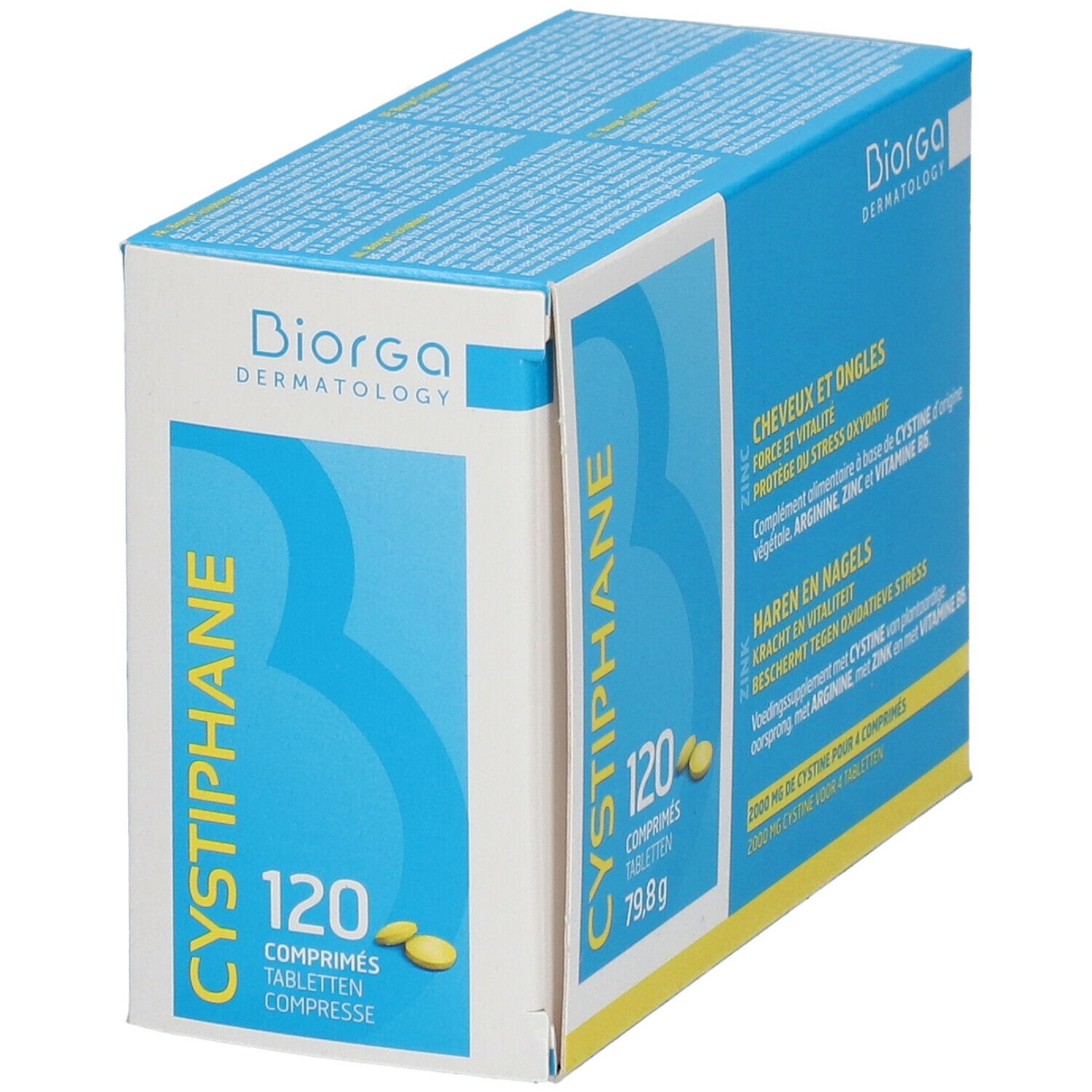 Blauwe doos met gele tabletten. Opschrift: Cystiphane, 120 tabletten, 79,8 g. Merk: Biorga. Tekst: Haren en nagels, zink.