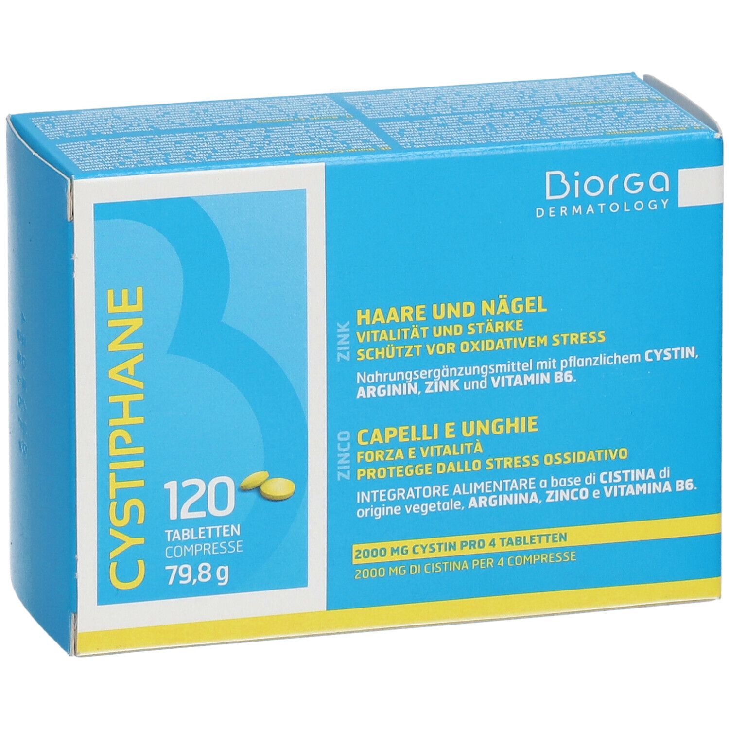 Blauwe doos met gele tabletten. Opschrift: Cystiphane, 120 tabletten, 79,8 g. Merk: Biorga. Tekst: Haren en nagels, zink.
