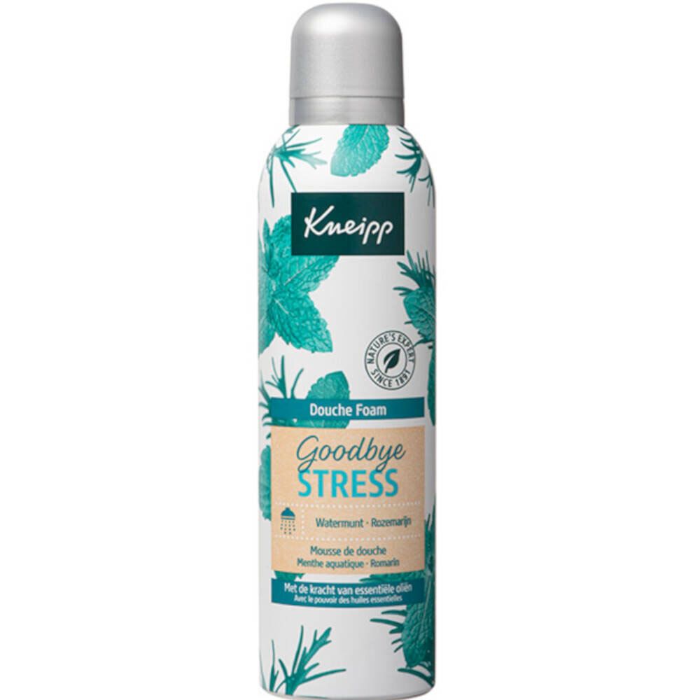 Kneipp® Doucheschuim. Wit-groene fles met munt- en kruidenpatroon. Zilveren sproeikop. Opschrift: Goodbye Stress.