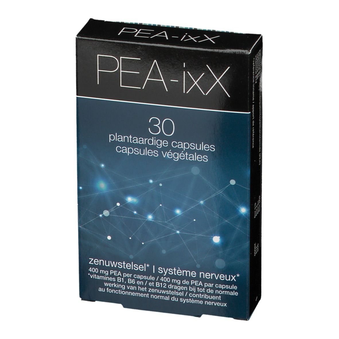 PEA-ixX-Schachtel mit 30 pflanzlichen Kapseln. Aufschrift: 'zenuwstelsel' und 'système nerveux'.