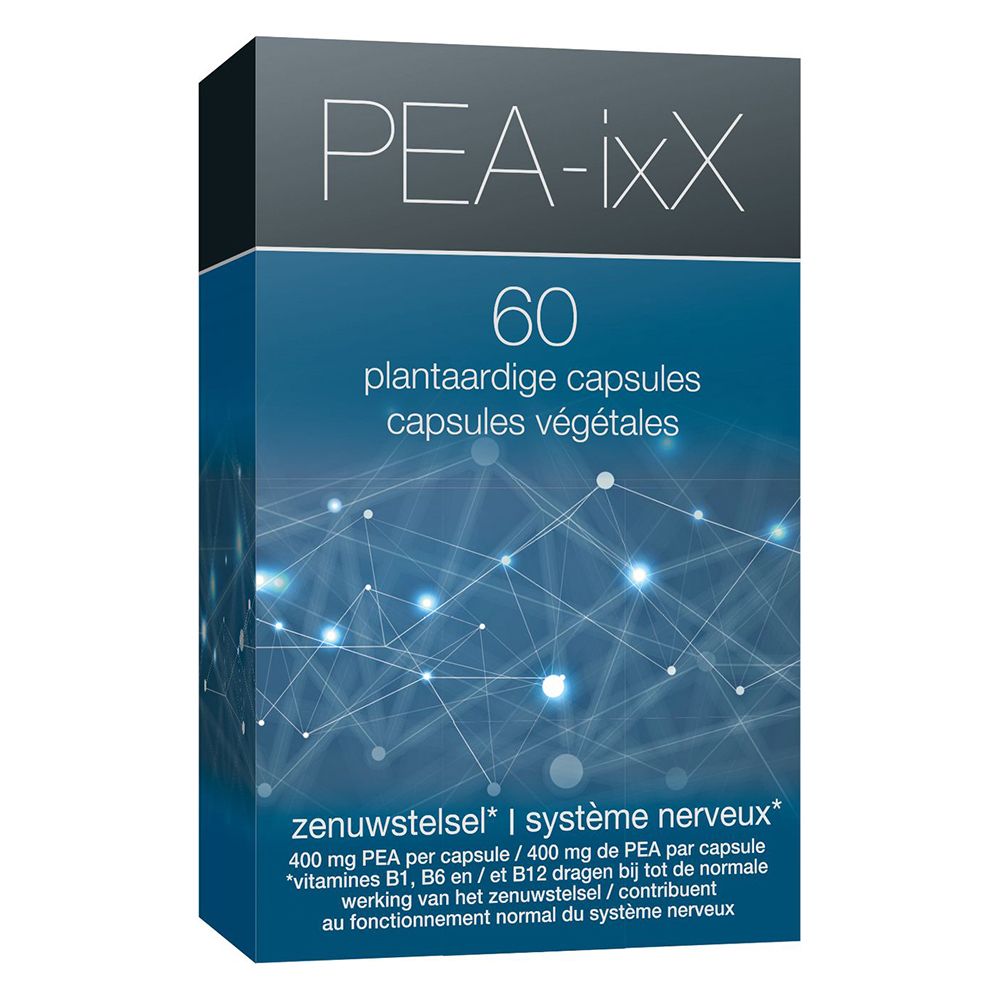 PEA-ixX verpakking met 60 plantaardige capsules. Blauwe grafiek met productinfo en merklogo.