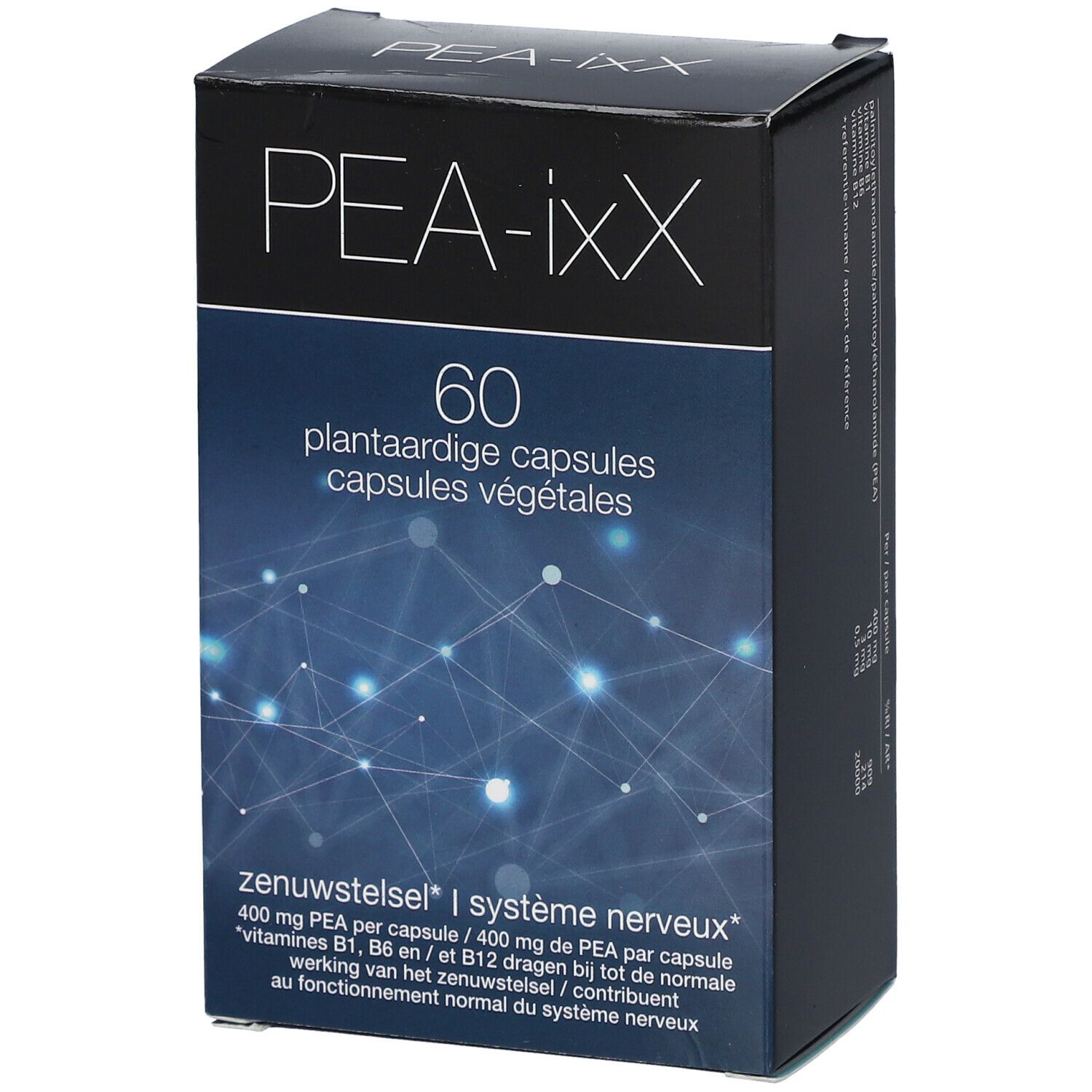 Doosje PEA-ixX met 60 plantaardige capsules. Blauwe en witte grafische elementen met productinfo.