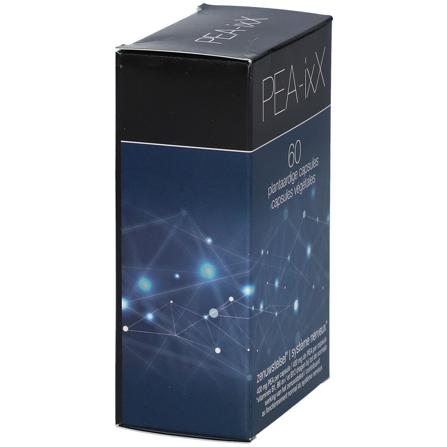 Schuin geplaatst doosje PEA-ixX. Bevat 60 capsules. Blauwe grafiek met productinfo en merklogo.