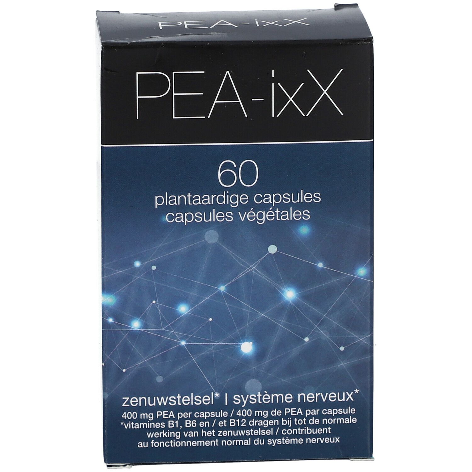 PEA-ixX verpakking met 60 plantaardige capsules. Blauwe grafiek met productinfo en merklogo.