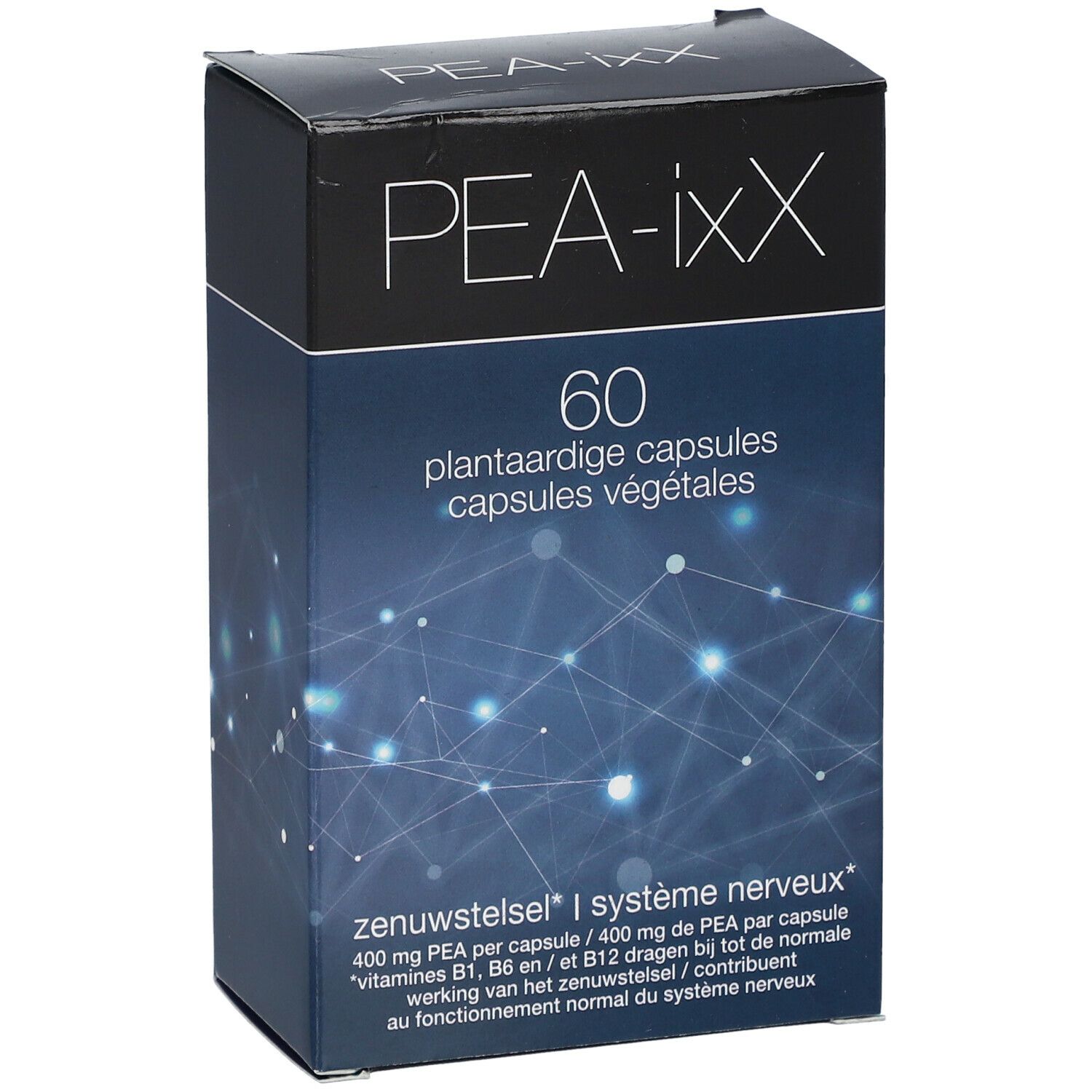PEA-ixX verpakking met 60 plantaardige capsules. Blauwe grafiek met productinfo en merklogo.