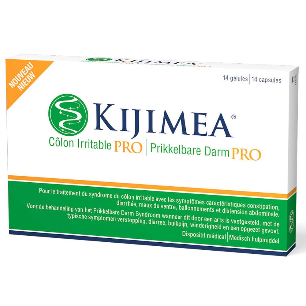 Boîte Kijimea Côlon Irritable PRO. Blanc, vert et orange. 14 gélules. Texte en allemand, français et néerlandais.