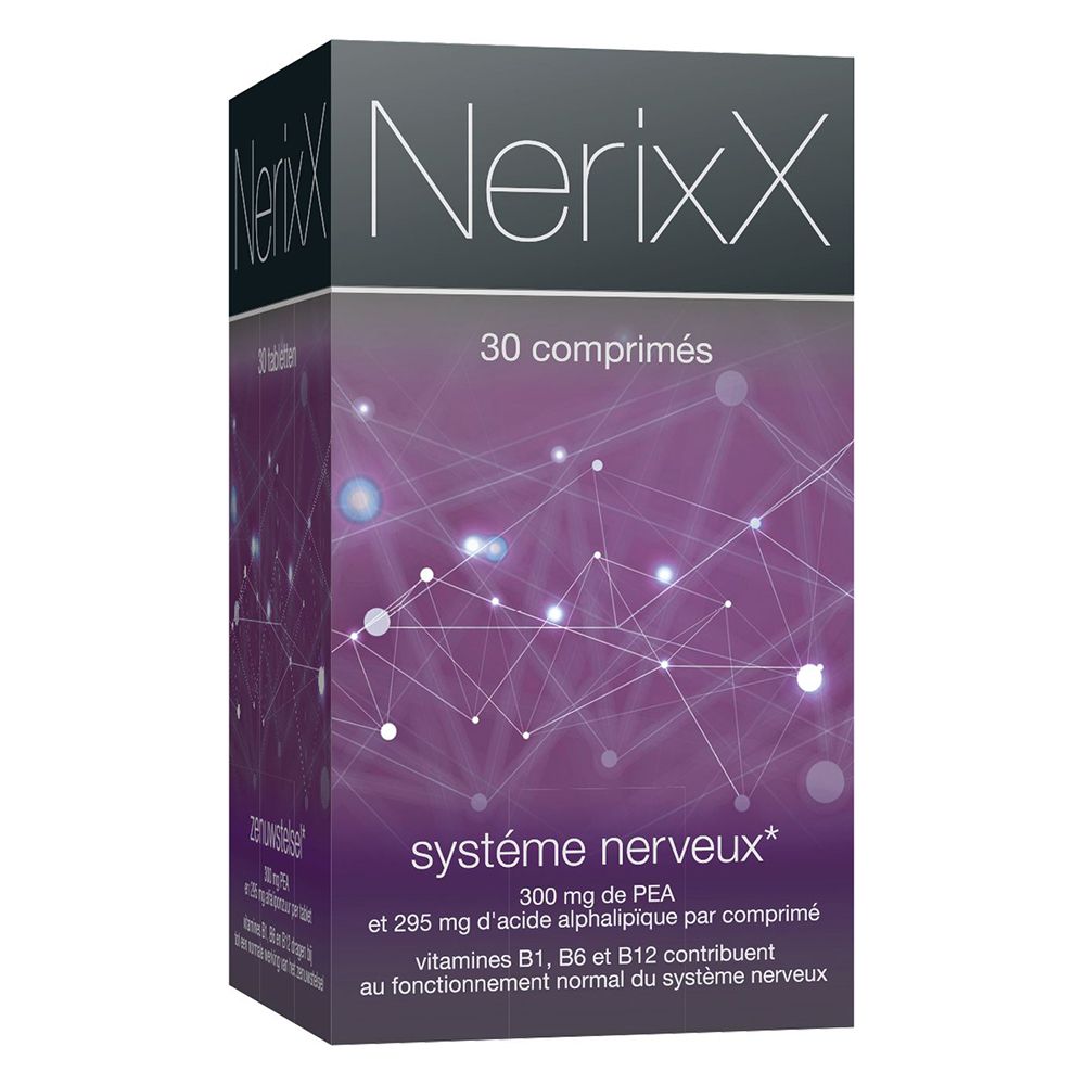 Boîte. Inscription : NerixX, 30 comprimés. Texte : système nerveux, 300 mg PEA, Vitamines B1, B6, B12.
