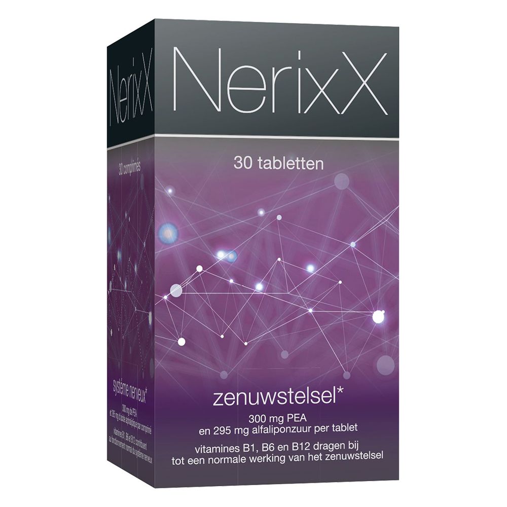 Doos. Opschrift: NerixX, 30 tabletten. Tekst: zenuwstelsel, 300 mg PEA, Vitamines B1, B6, B12.