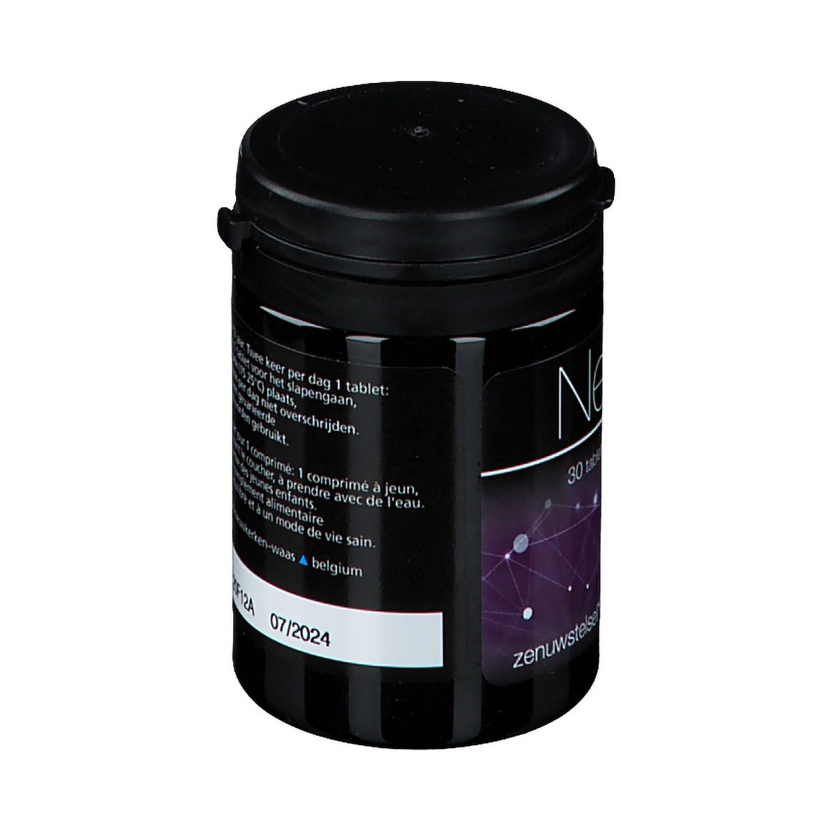 Zwarte pot met deksel. Opschrift: NerixX, 30 tabletten. Tekst: Dosering, Ten minste houdbaar tot: 07/2024.