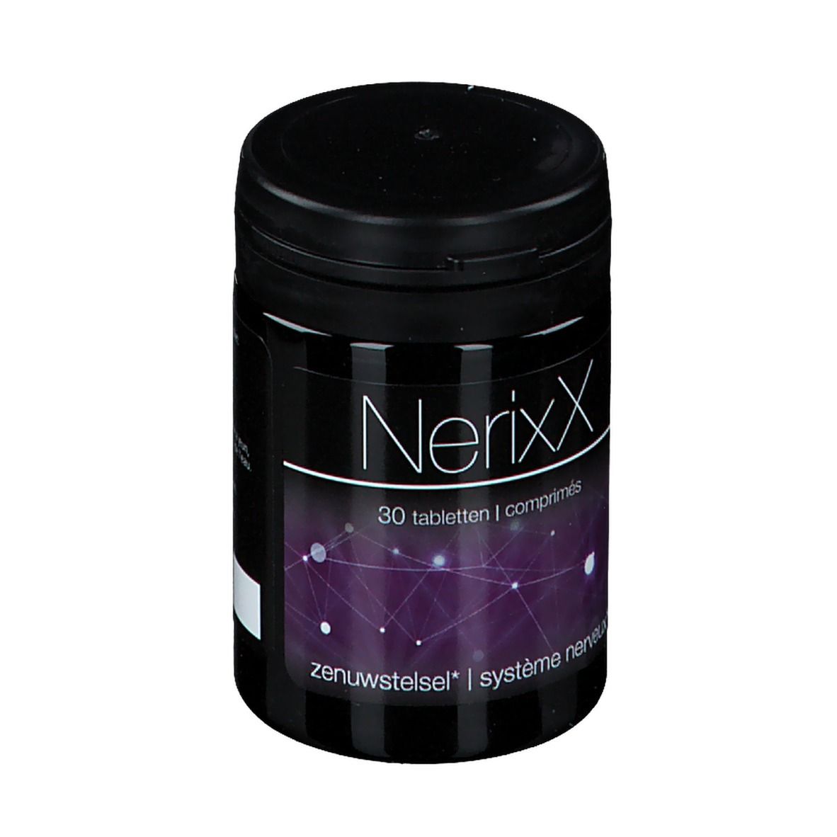 Zwarte pot met deksel. Opschrift: NerixX, 30 tabletten. Tekst: Zenuwstelsel / système nerveux.